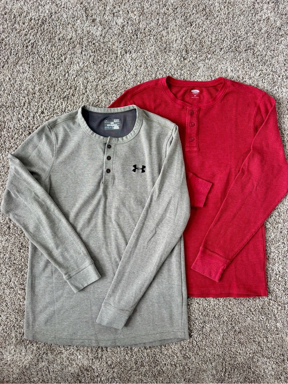 Lot of 2 men’s Henleys -Under Armour  Gray Henley and old navy red Henley